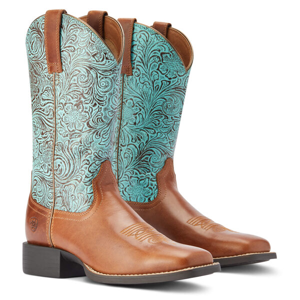 Ariat Round up wide square toe, beduino brown/turq floral emboss